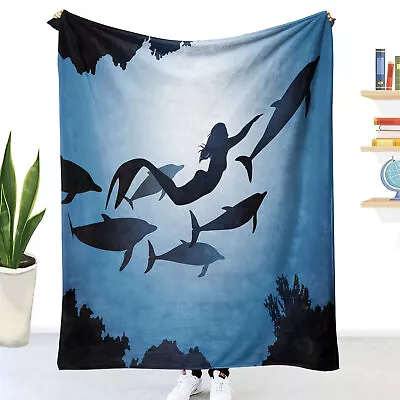 Mermaid With Dolphins Blanket Fuzzy Sherpa Fleece Blanket Sofa Couch Bed Gift • £28.09