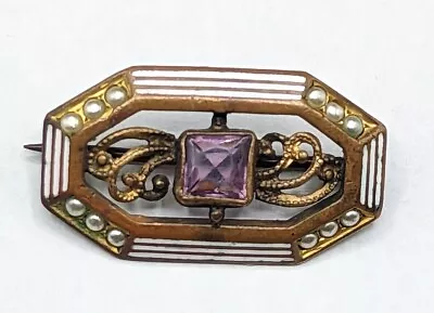 Antique C-Clasp Victorian Seed Pearl Purple Glass Enamel Vintage Brooch Pin • $39