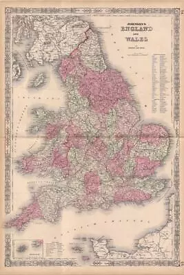 1864 Antique Johnson Atlas Map-england & Wales-hand Colored • $15