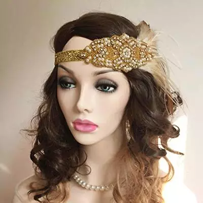 1920s Feather Headband Gold Vintage Crystal Flapper Headpiece Gatsby Headdress P • $29.27