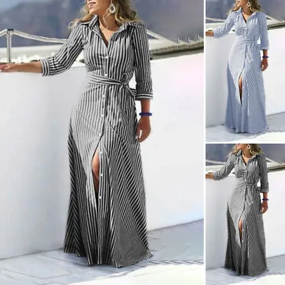 ZANZEA UK Womens Collared Belted Striped Shirt Dress Slim Belt Long Maxi  • £16.09