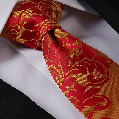 Mens Red Orange Gold Tie Floral Paisley Jacquard Silk Woven Necktie Wedding  • £9.99