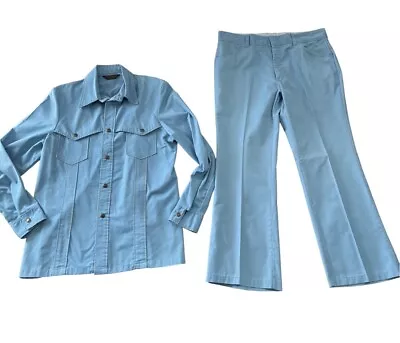 John Blair 1970s Vintage Western Suit Baby Blue Button Shirt & Pants Sz Large ? • $120