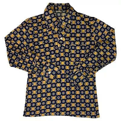 VTG 70s BIG COLLAR MENS POLY SMOCK SHIRT GEOMETRIC PSYCHEDELIC PRINT 36” (34) S • £40