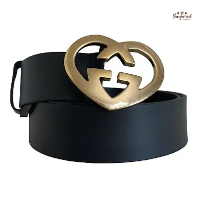 Authentic Gucci Black Leather Interlocking G Heart Gold Buckle Belt Size 95/38 • $345