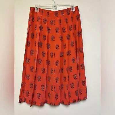 MADEWELL Pleated 100% Silk Orange Paisley Pattern Boho Midi Skirt Size 2 • $39.99