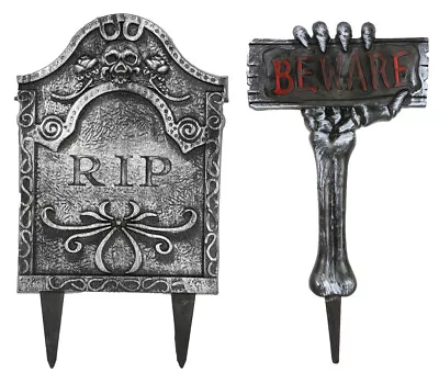 Tombstone Beware Sign Halloween Party House Decoration Prop With Stake Spooky • £7.29