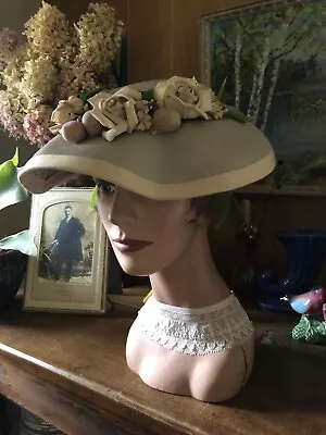 Vintage Antique 1940’s Stunning Flower Fruit Millinery Wide Brim Hat • $75