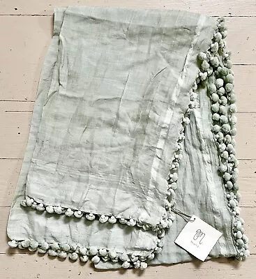 Matta NY Dupatta Silk Cotton Pom Pom Tassels Scarf Shawl Pale Green Sea Foam • $158.50