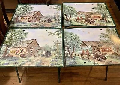 Set Of 4 Vintage MCM 60s Coca Cola TV Trays (no Stand) Mike’s Garage Green Legs • $75