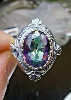 Sim Mystic Topaz Ring 5ct Oval Gem Silver Wreath Vintage [Made To Order]#74 • $45