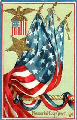 EAGLE AMERICAN FLAGS On Colorful Vintage Unused MEMORIAL DAY Postcard • $7.79