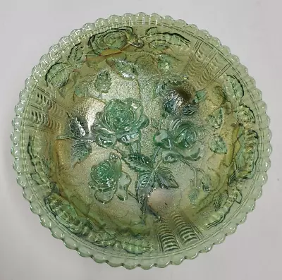 Imperial Carnival Glass Open Rose Helios Green Footed Bowl 7.5” Iridescent • $20