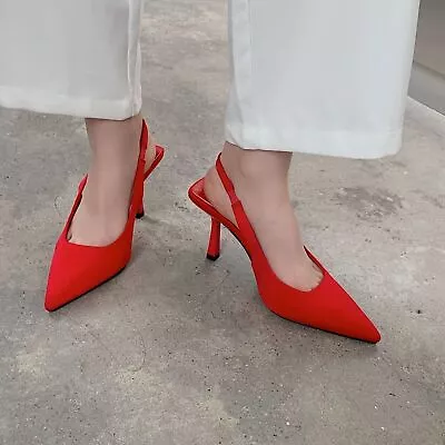 Women Satin Slim Pointy Toe Sandals Mid Heel Slingback Pumps Dress Slip On Shoes • £22.56