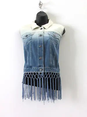 $34.99 • Buy Chico's Women's Western Blazer Vest Denim Blue/White Ombre, Fringe Hem - Size M