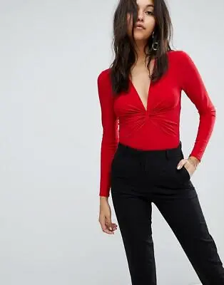 New Miss Selfridge Red Twist Front Slinky Body Bodysuit Top Day Night Look Uk 10 • £25