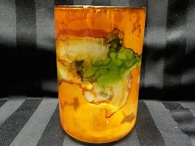 Thin Glass Votive Lite Holder 4  Tall Orange/Green • $8.99