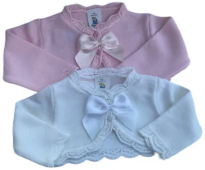 Baby Girls Knitted Cardigan Scallop Edge Bow Bridesmaid Bolero Shrug 0-3-6-9 Mth • £7.95