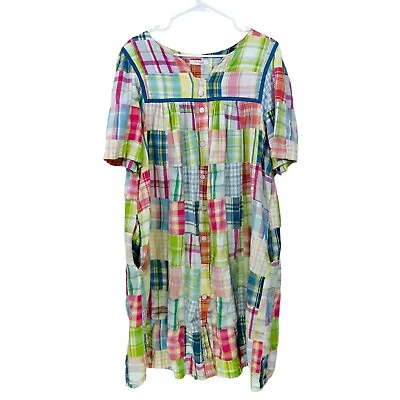Go Softly Patio Dress Size S Madras Patchwork Snap Button Short Sleeves FLAWS! • $18.81