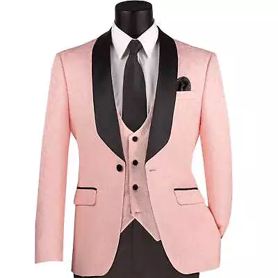 VINCI Men's Pink Jacquard 3 Piece Slim Fit Tuxedo Wedding Suit NEW • $150