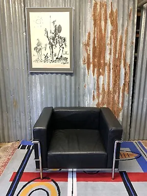 Vintage Le Corbusier Style LC3 Armchair Chair Black Leather Chrome Frame MCM • £295