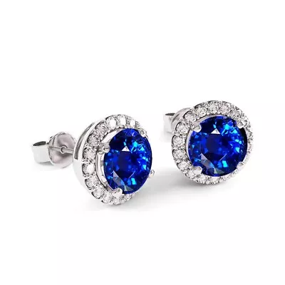 3Ct Round Lab Created Sapphire  Diamond Halo Stud Earring 14K White Gold Finish • $65.99