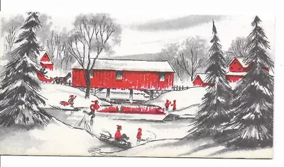 Vintage 1960 Beautiful Horse Drawn Sleigh Ice Skaters & Covered Bridge Card • $1.99