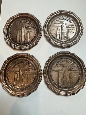 CHICAGO Metal Dish Souvenir SEARS TOWER STANDARD OIL HANCOCK O'HARE Set Of 4 • $30