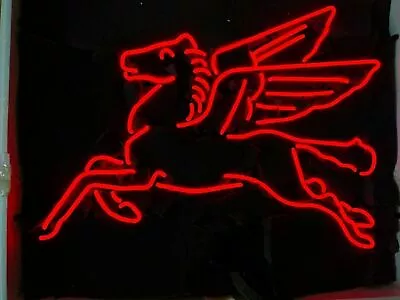 Red Mobilgas Flying Pegasus Horse 24 X20  Neon Sign Lamp Real Glass Man Cave Bar • $212.70