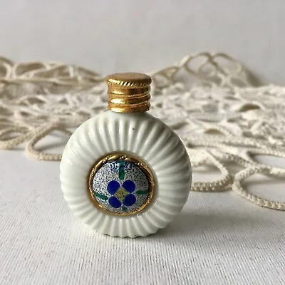 Vintage Miniature Milk Glass Perfume Bottle Porcelain Middle Decor Metal Lid • $19.99