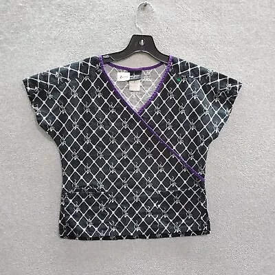 Baby Phat Women Scrub Top Small Black Diamond Logo Allover Faux Wrap V Neck • $11.17