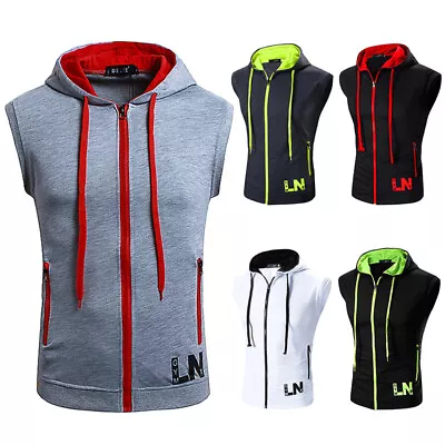 Mens Sleeveless Zip Up Hoodie Tops Sport Gym Fitness Hooded T Shirt Muscle Vest • $19.99