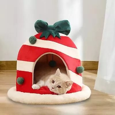 Christmas Pet Bed Christmas Gift Box Shape Universal Soft Semi Enclosed Cat Nest • $43.54