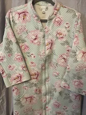 Miss Elaine Quilted Housecoat Robe Large Pockets Full Zip Pink Peonies MintGreen • $24.97