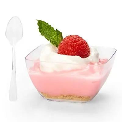 100 Mini Plastic Dessert Cups With Spoons - 5 Oz Square Shooters For Chocolate D • $23.98