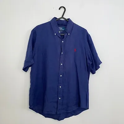 Polo Ralph Lauren Linen Button-Up Shirt Mens Size M Navy Holiday Short-Sleeve. • £43.99