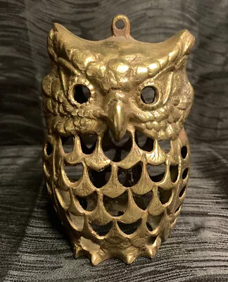 Vtg Solid Brass Owl Candle Holder Hanging Lantern Hollywood Regency 5.5” Tall • $75