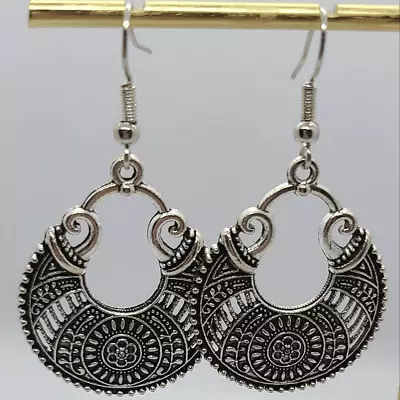 Egyptian Filagree Moon Flower Ancient Crescent Hoop Earrings Moroccan Jewelry • $25