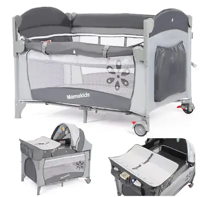 5-in-1 Travel Cot Baby Crib Adjustable Height & Mattress Foldable Portable Grey • £95.99