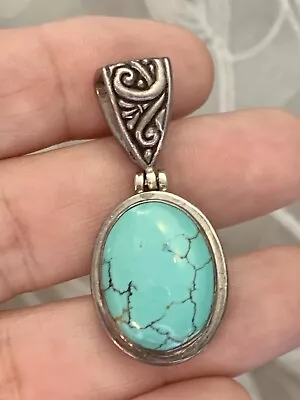 Vintage Turquoise 925 Sterling Silver Oval Pendant Wide Bale Estate Pc FREE SHIP • $29.99