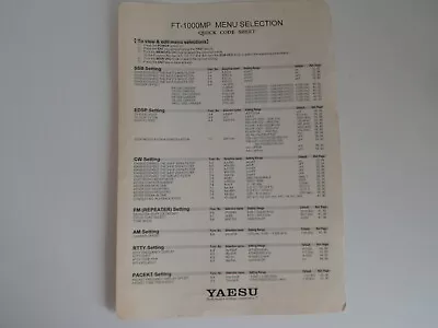 Yaesu Ft 1000mp (genuine Quick Code Sheet Only).....radio-spares-ireland • £14.99