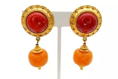 $116.99 • Buy Vintage Ben Amun Dangle Clip On Earrings Gold Tone Faux Coral Amber Signed