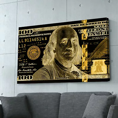 100 Dollar Bill Canvas Print | Black And Gold Money Art | Motivational Quote  • $189