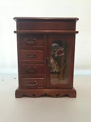 Vintage Wooden Jewelry Cabinet With Draws And Mirror 10'x12.5 X6  Flowers • £4.95