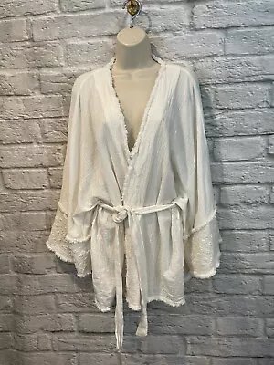 ZARA Women’s Cotton Cream Belted Embroidered Boho Kimono Jacket Sz XS/S • $22.99