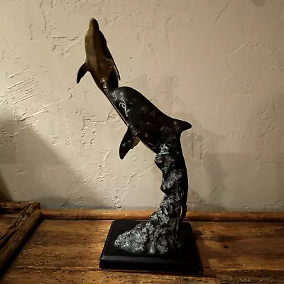 Dolphins Brass 2 Jumping Sculpture San Pacific Int SPI Wood Base Nautical Decor • $18