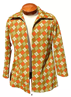 Leisure Suit Jacket Disco Geometric Polyester Mod Lg Green Plaid Coat Vtg 60s70s • $99.99