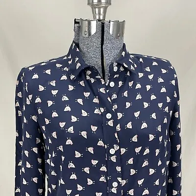 J Crew French Hen Silk Blouse Size 0 Navy Blue Top Shirt • $44.99