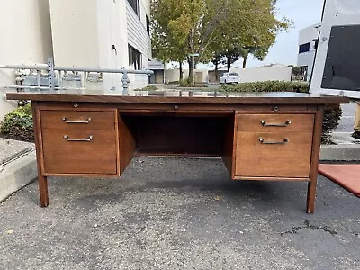 Vintage Alma Mid Century Modern Walnut Executive Desk And Leather Accents • $2000