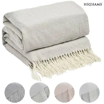 Highams Herringbone Chevron Throw Soft Tassel Knit Trim Fleece Warm Sofa Blanket • £13.49